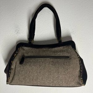 TWEED Wool Handbag w/ Velvet Leopard accent & Zipper pocket. Double handle.